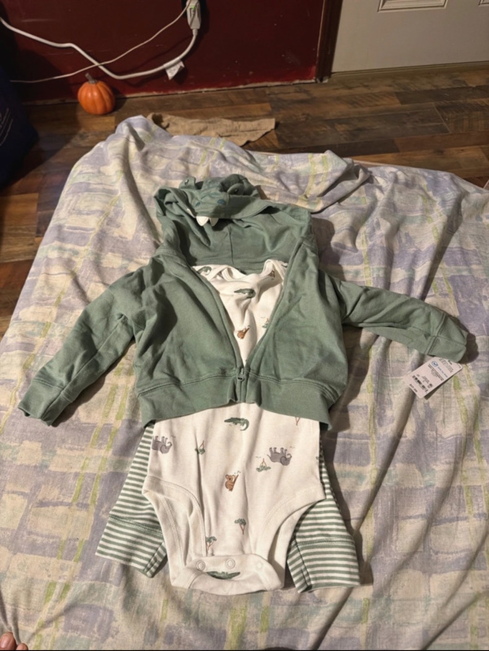 Carter's Sage Green Hoodie One-Piece Set with Animal Print Bodysuit